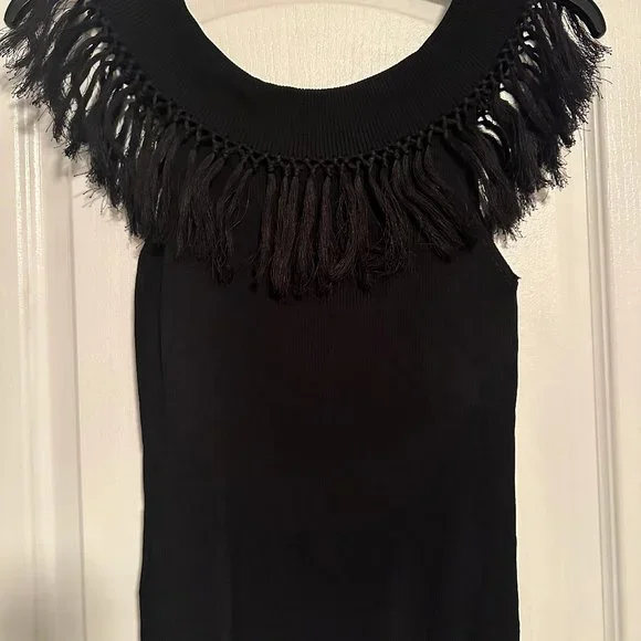 NWT | Lauren Ralph Lauren Women’s Fringe Off-The-Shoulder Black Top | Size Large - Picture 2 of 5